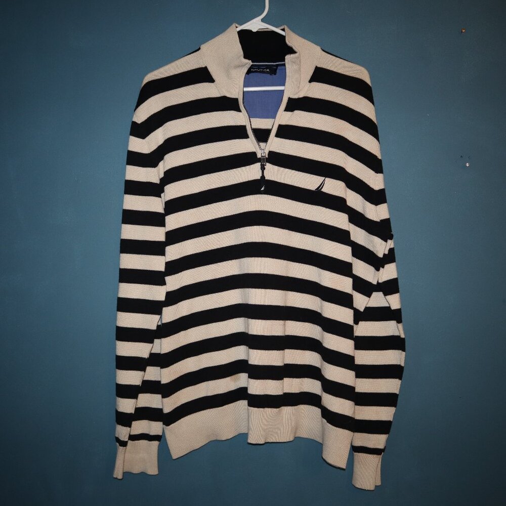 Nautica Cream and Black horizontal stripe sweater Cotton Mens L